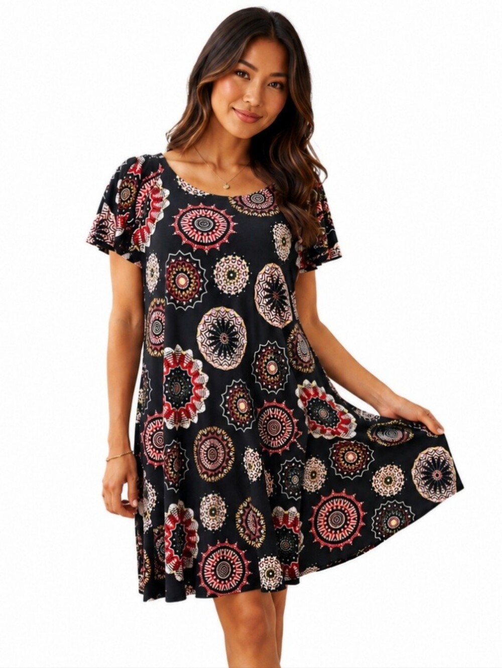 Robbie Bee Dress Medium Black Pink Medallion Print Swing Shift Stretch Casual